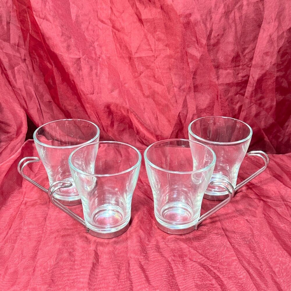 Set of 4 Vintage Vitrosax Italy Glass Coffee Cappuccino Cups Metal Handle